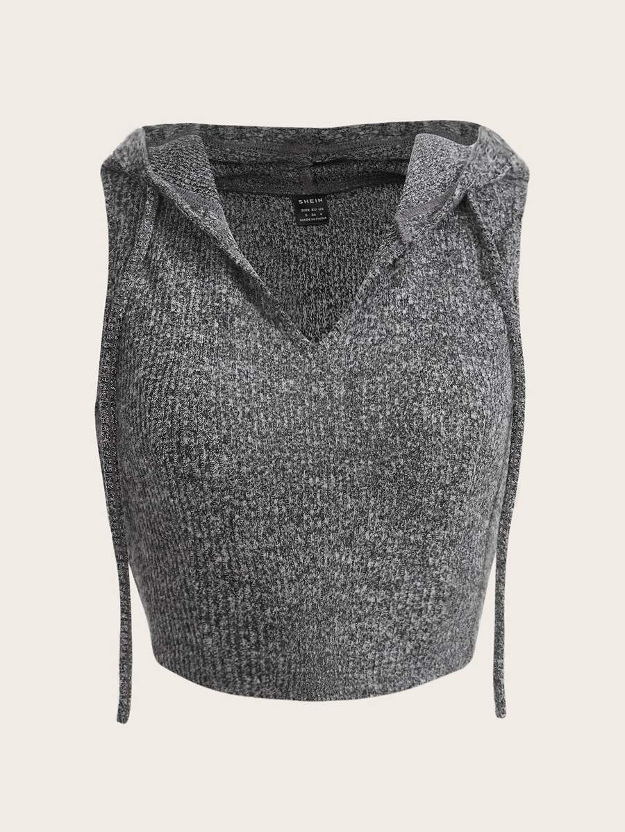 SHEIN EZwear Áo hai dây Dây kéo Gân đan màu trơn Giải trí - Xám - Xem 1