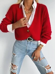 EURMUSE 1pc Rib Knit Drop Shoulder Button Up Cardigan - Red - View 1