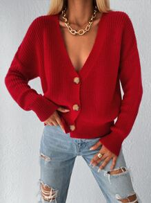 EURMUSE 1pc Rib Knit Drop Shoulder Button Up Cardigan - Red - View 3