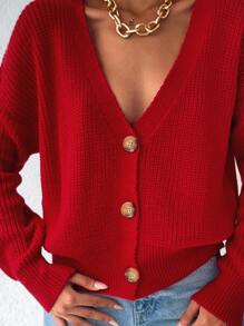 EURMUSE 1pc Rib Knit Drop Shoulder Button Up Cardigan - Red - View 5