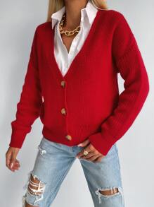 EURMUSE 1pc Rib Knit Drop Shoulder Button Up Cardigan - Red - View 6