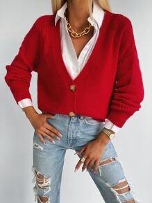 EURMUSE 1pc Rib Knit Drop Shoulder Button Up Cardigan - Red - View 7