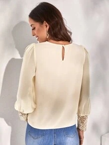 SHEIN Frenchy Guipure Lace Insert Lantern Sleeve Blouse Elegant - Apricot - View 2