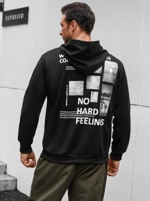 Manfinity 男士標語圖案抽繩連帽衫 - 黑色 - 查看 1