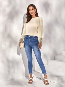 SHEIN Frenchy Guipure Lace Insert Lantern Sleeve Blouse Elegant - Apricot - View 6