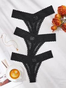 3pack Floral Lace Panty Set, Sexy Lingerie - Black - View 1