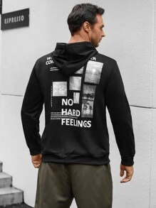 Manfinity 男士標語圖案抽繩連帽衫 - 黑色 - 查看 6