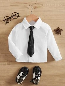 SHEIN Đứa bé trai Chất rắn Nút phía trước Áo sơ mi Với Buộc - trắng - Xem 4