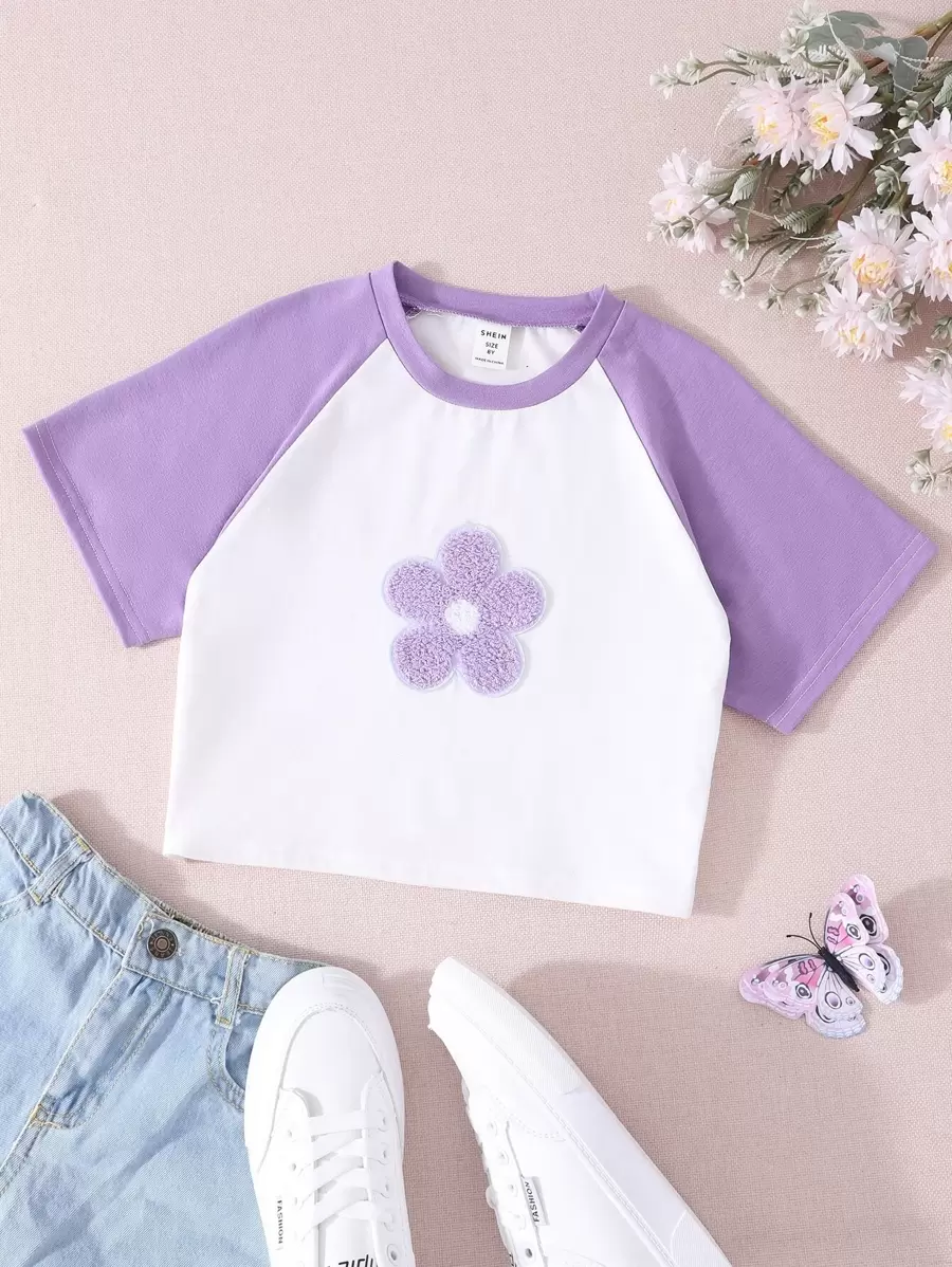 SHEIN Tween Girl Floral Patched Contrast Raglan Sleeve Tee