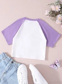 SHEIN Tween Girl Floral Patched Contrast Raglan Sleeve Tee