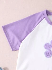 SHEIN Tween Girl Floral Patched Contrast Raglan Sleeve Tee