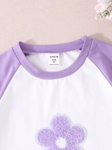 SHEIN Tween Girl Floral Patched Contrast Raglan Sleeve Tee