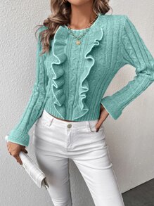SHEIN Essnce Jersey ribete con fruncido tejido de cable ribete en contraste - Azul menta - Ver 3