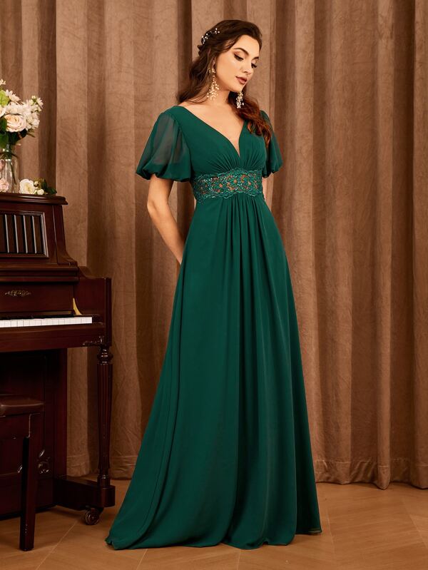 Contrast Lace Bishop Sleeve Bridesmaid Dress