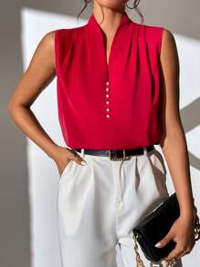 SHEIN LUNE Pearls Beaded Pleated Detail Blouse - Red - View 1