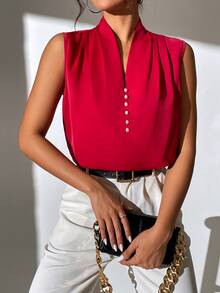 SHEIN LUNE Pearls Beaded Pleated Detail Blouse - Red - View 3