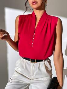 SHEIN LUNE Pearls Beaded Pleated Detail Blouse - Red - View 4