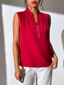 SHEIN LUNE Pearls Beaded Pleated Detail Blouse - Red - View 5
