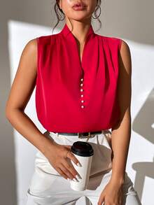 SHEIN LUNE Pearls Beaded Pleated Detail Blouse - Red - View 6