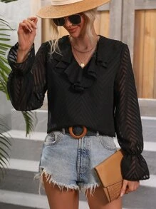 SHEIN LUNE Ruffle Trim Flounce Sleeve Blouse - Black - View 1