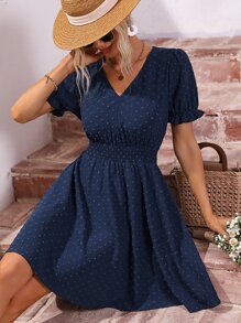 SHEIN LUNE Swiss Dot Puff Sleeve A Line Dress - Navy Blue - View 1