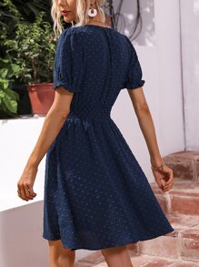 SHEIN LUNE Swiss Dot Puff Sleeve A Line Dress - Navy Blue - View 2