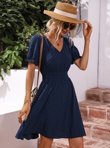 SHEIN LUNE Swiss Dot Puff Sleeve A Line Dress - Navy Blue - View 3