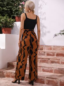 Breezaya Mono de tirantes de pierna ancha con estampado de dibujo con cinturón - Multicolor - Ver 3