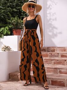 Breezaya Mono de tirantes de pierna ancha con estampado de dibujo con cinturón - Multicolor - Ver 5