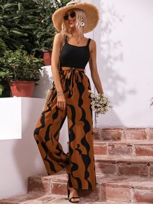 Breezaya Mono de tirantes de pierna ancha con estampado de dibujo con cinturón - Multicolor - Ver 6