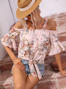 SHEIN LUNE Floral Print Cold Shoulder Knot Hem Flounce Sleeve Blouse - Pink - View 1