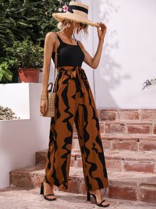 Breezaya Mono de tirantes de pierna ancha con estampado de dibujo con cinturón - Multicolor - Ver 1