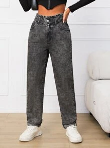 Paperbag Waist Straight Leg Jeans - Dark Grey - View 3