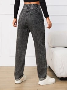 Paperbag Waist Straight Leg Jeans - Dark Grey - View 2