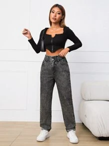 Paperbag Waist Straight Leg Jeans - Dark Grey - View 4