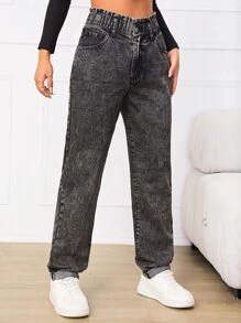 Paperbag Waist Straight Leg Jeans - Dark Grey - View 5