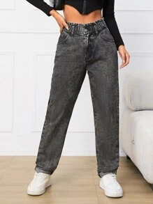 Paperbag Waist Straight Leg Jeans - Dark Grey - View 1