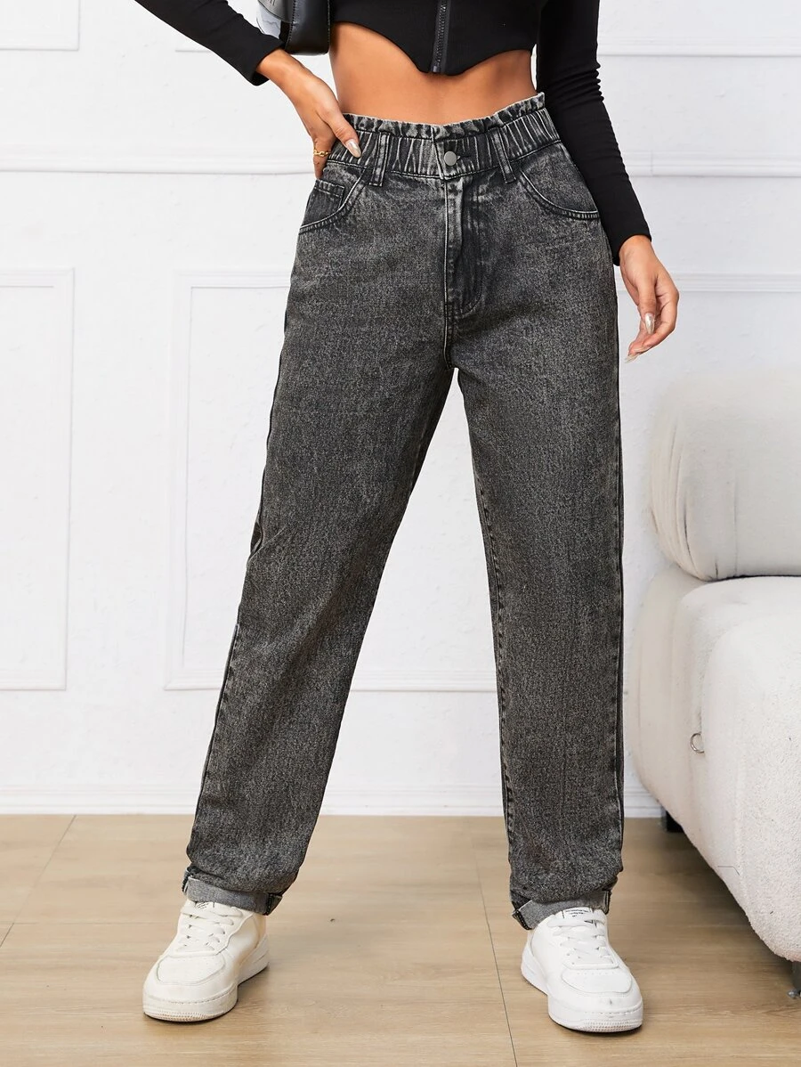 Paperbag Waist Straight Leg Jeans - Dark Grey - View 1