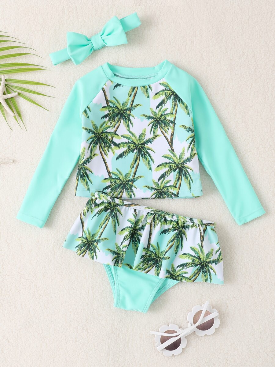 女婴椰子树印花荷叶边下摆沙滩装和头带夏季海滩 - 薄荷綠 - 查看 1