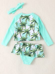 女婴椰子树印花荷叶边下摆沙滩装和头带夏季海滩 - 薄荷綠 - 查看 2