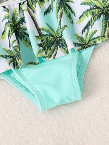 女婴椰子树印花荷叶边下摆沙滩装和头带夏季海滩 - 薄荷綠 - 查看 5