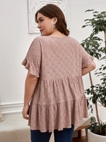 SHEIN LUNE Plus Eyelet Embroidery Ruffle Hem Tee - Dusty Pink - View 2