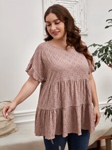 SHEIN LUNE Plus Eyelet Embroidery Ruffle Hem Tee - Dusty Pink - View 3