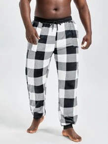 Extended Sizes Men Buffalo Plaid Print Drawstring Waist Sleep Trousers - Black and White - View 1
