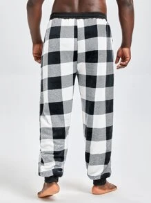 Extended Sizes Men Buffalo Plaid Print Drawstring Waist Sleep Trousers - Black and White - View 2