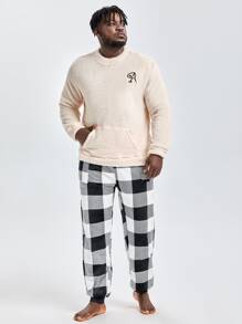 Extended Sizes Men Buffalo Plaid Print Drawstring Waist Sleep Trousers - Black and White - View 3