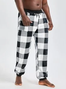 Extended Sizes Men Buffalo Plaid Print Drawstring Waist Sleep Trousers - Black and White - View 4