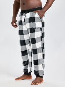 Extended Sizes Men Buffalo Plaid Print Drawstring Waist Sleep Trousers - Black and White - View 6