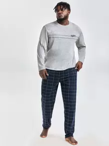 Extended Sizes Men Letter & Plaid Print PJ Set - Multicolor - View 1