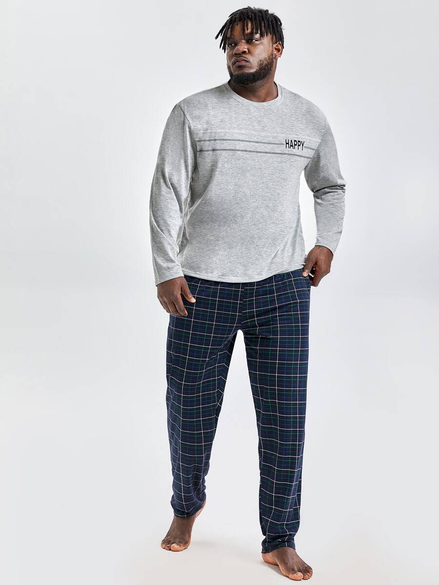 Extended Sizes Men Letter & Plaid Print PJ Set - Multicolor - View 1